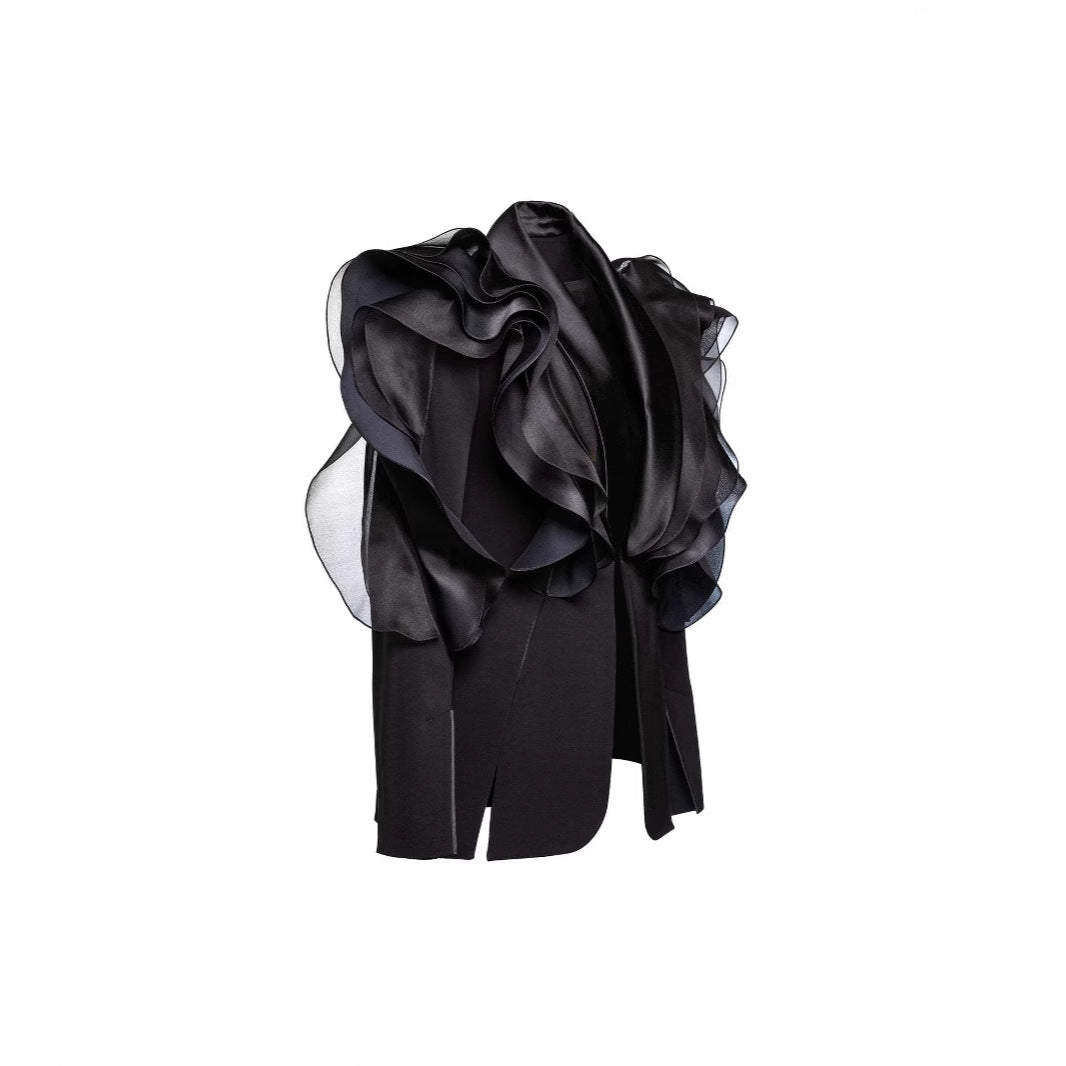 WezelBezel 3D Ruffled Blazer – Asymmetric Slim-Fit Style