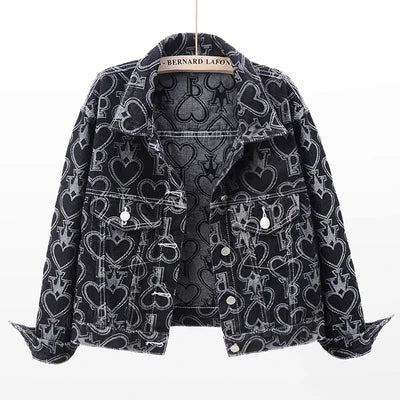 WezelBezel Heart Print Denim Jacket – Trendy & Fun