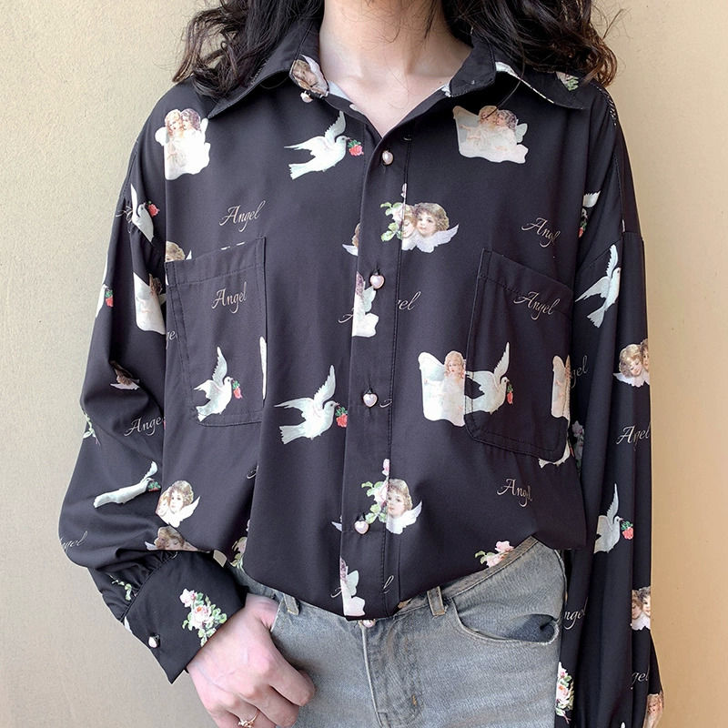 WezelBezel Angel Print Blouse – Harajuku-Inspired Lantern Sleeve Design