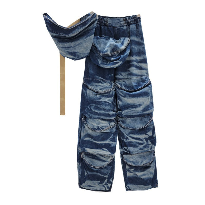 WezelBezel Distressed Wide-Leg Jeans with Suspenders