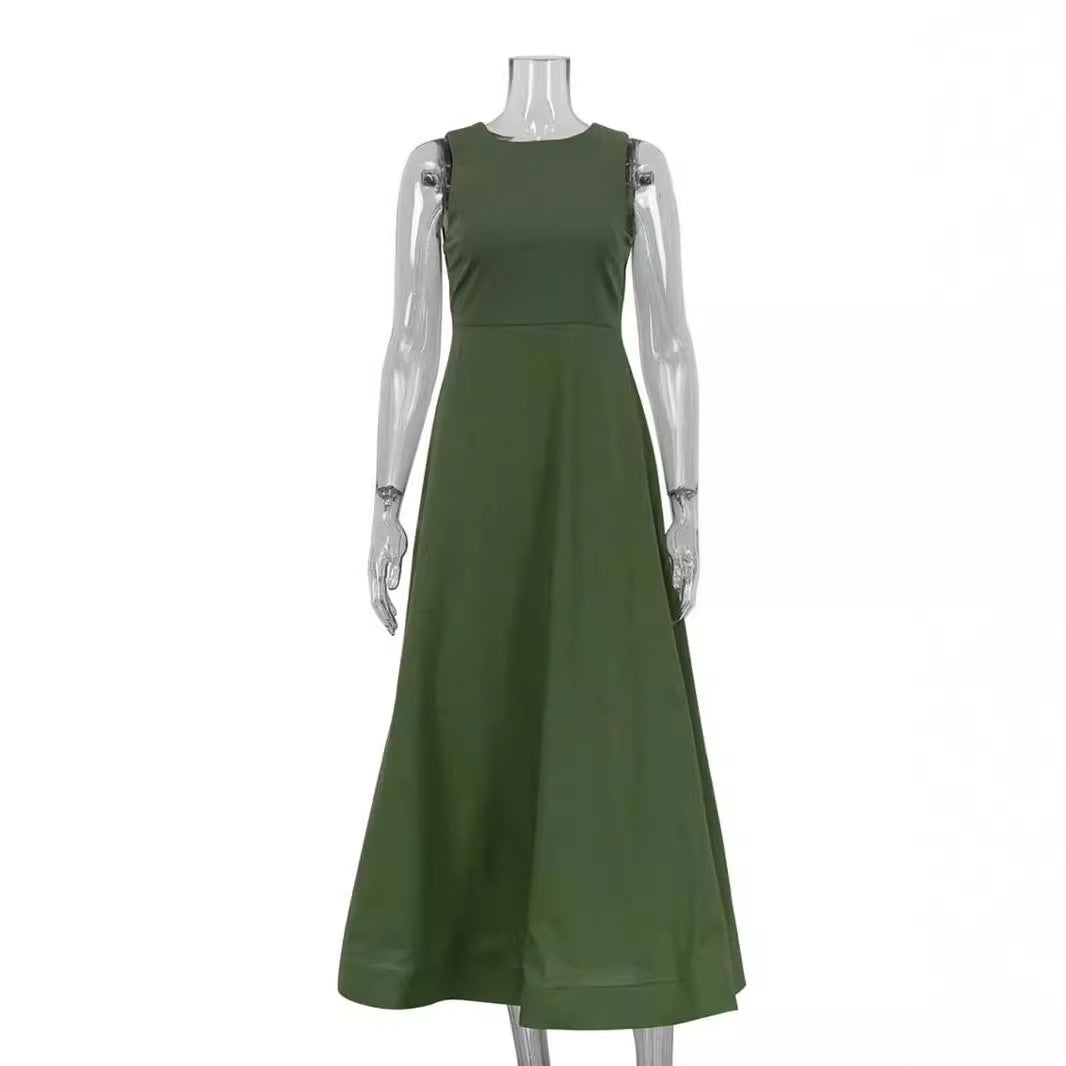WezelBezel Sleeveless A-Line Green Dress – High-Waist Casual Elegance
