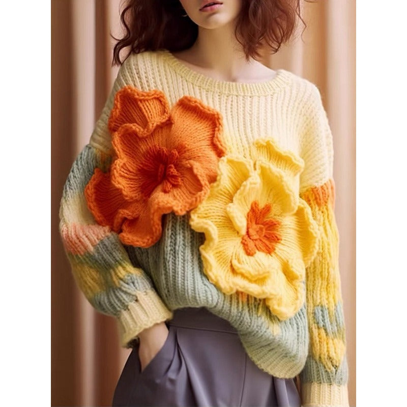 WezelBezel 3D Floral Knit Sweater – Apricot Color with Luxe Details
