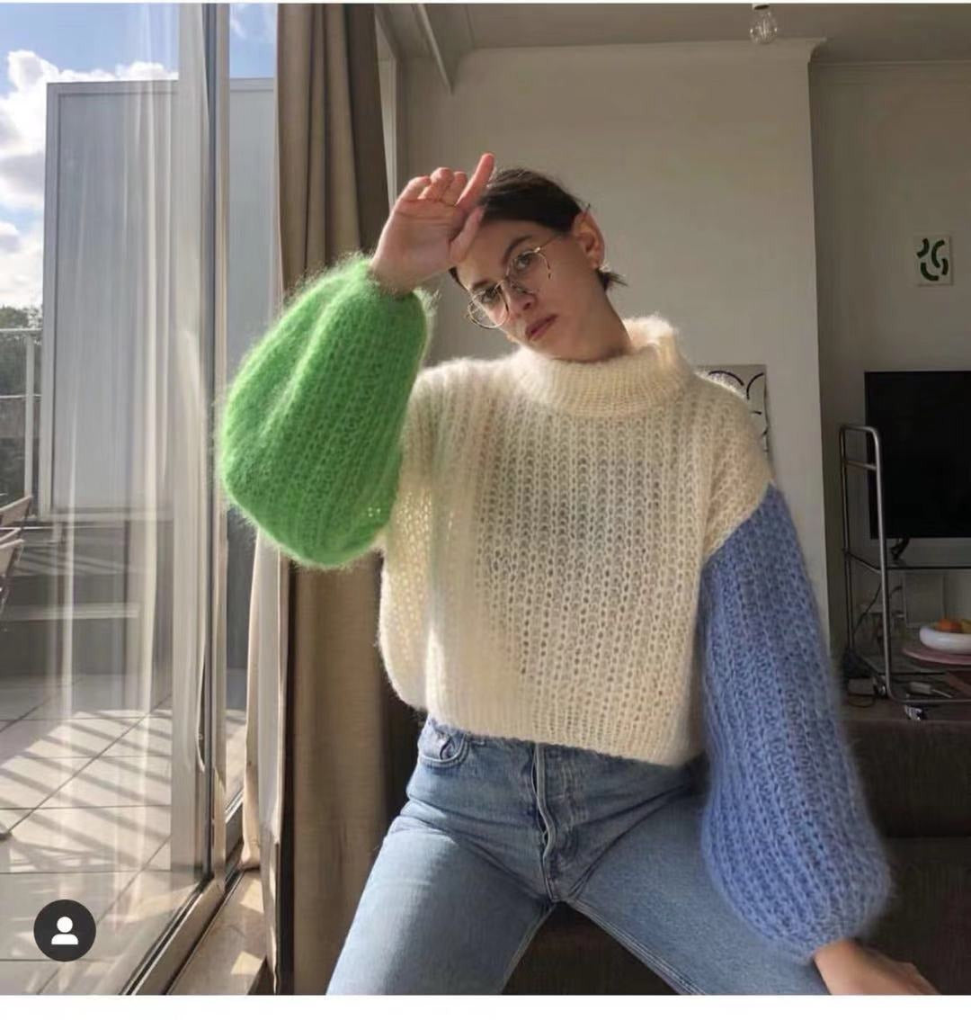 WezelBezel Two-Tone Lantern Sleeve Sweater – Handmade Color Block Style