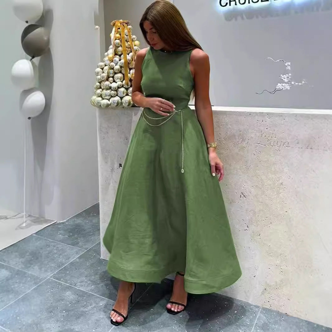 WezelBezel Sleeveless A-Line Green Dress – High-Waist Casual Elegance