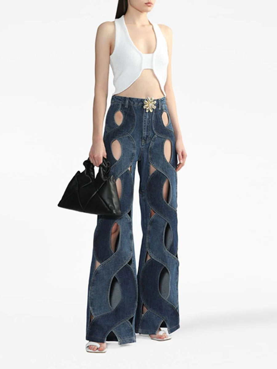 WezelBezel High-Waist Wide-Leg Jeans – Unique Hollow and Metal Details