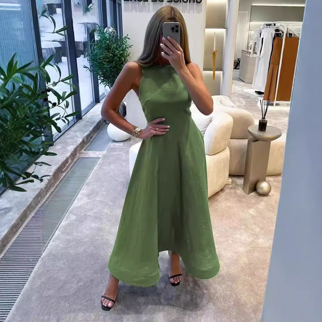WezelBezel Sleeveless A-Line Green Dress – High-Waist Casual Elegance