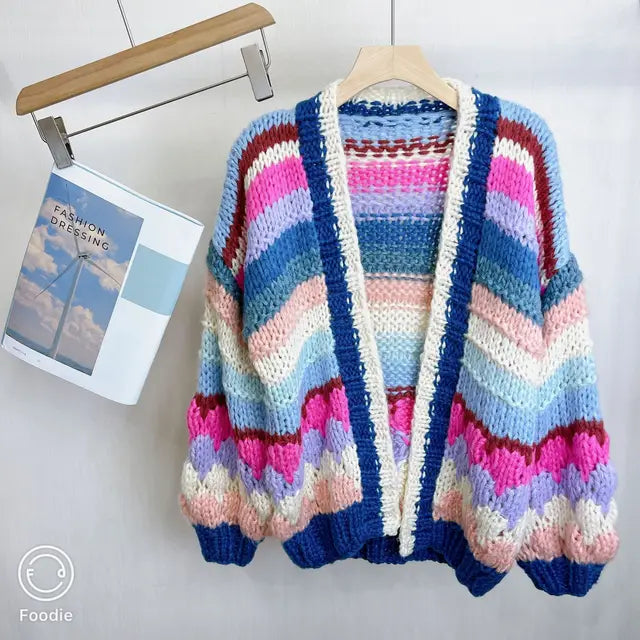 WezelBezel Striped Hand-Knit Cardigan – Chunky & Stylish