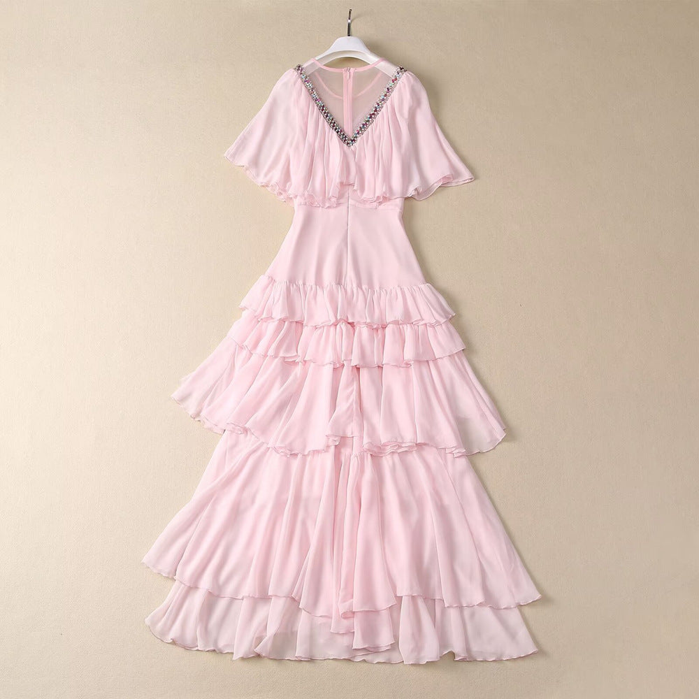 WezelBezel Beaded Ruffle Dress – V-Neck Layered Formal Long Skirt