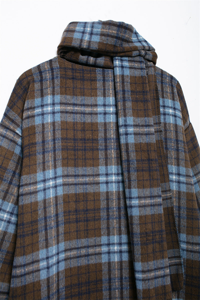 WezelBezel Scarf Collar Coat - Plaid Long Style