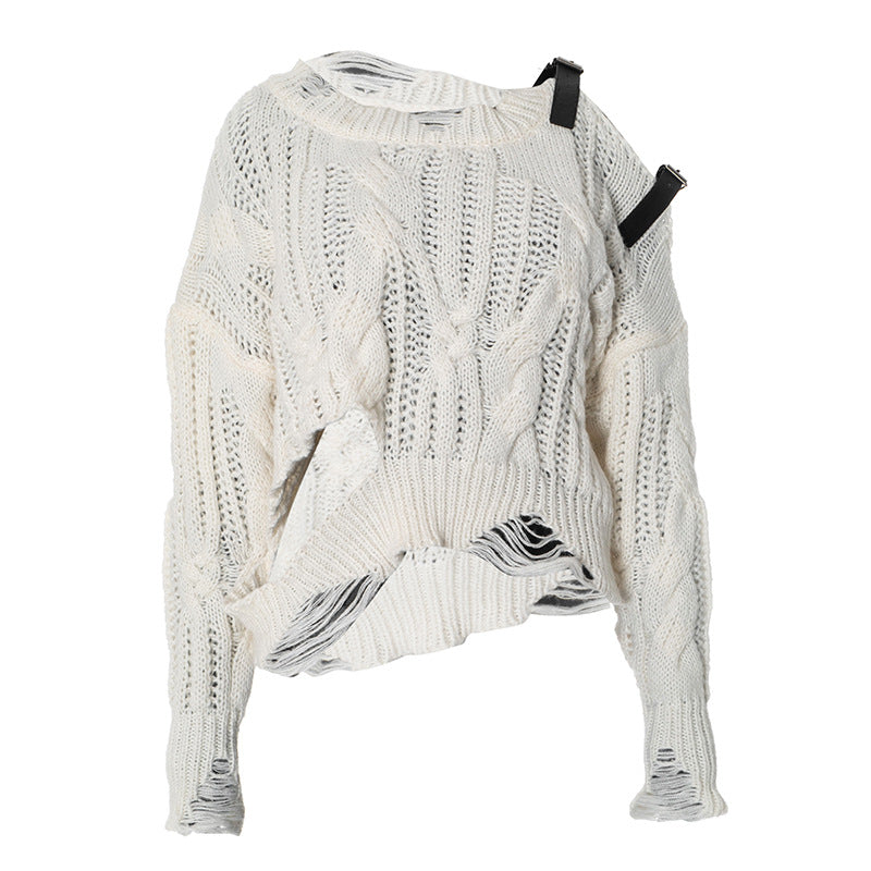 WezelBezel Hollow-Detail Loose Sweater – Relaxed Long-Sleeve Fit