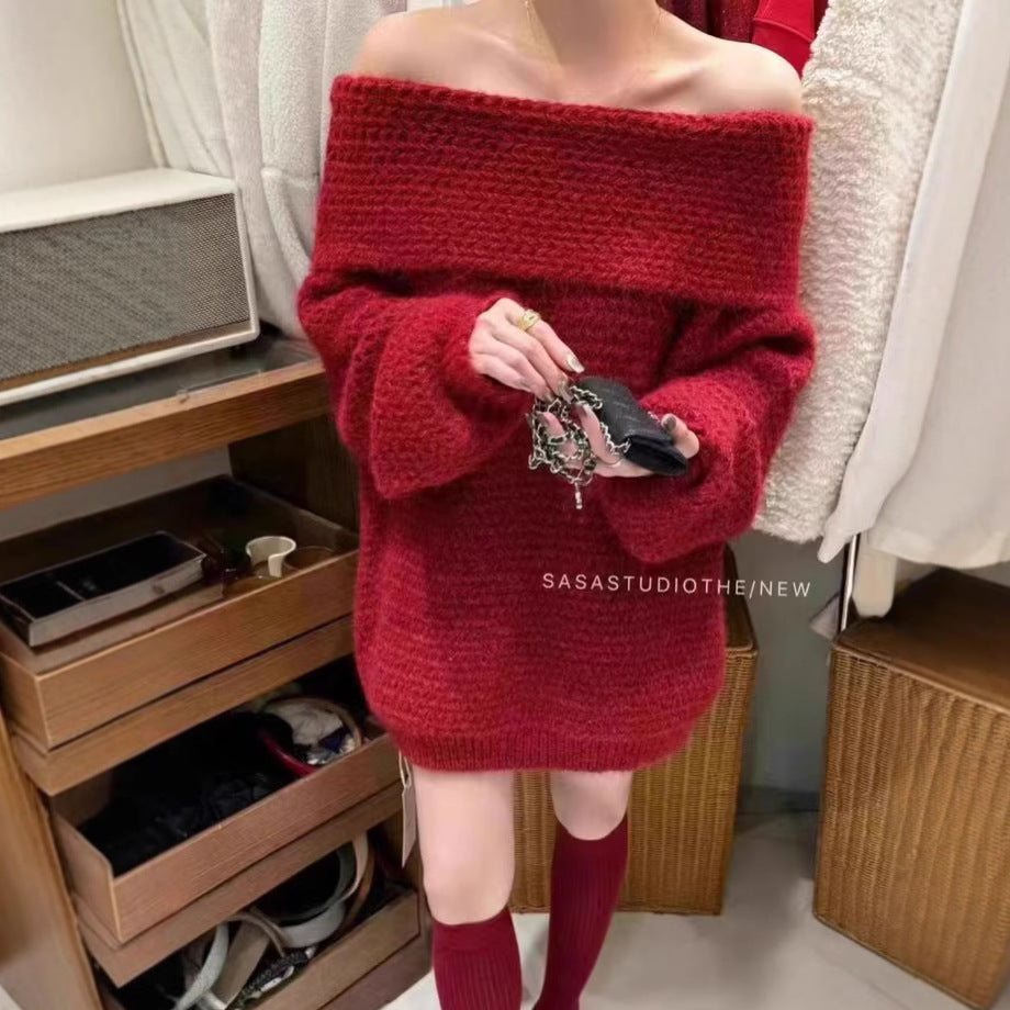 WezelBezel Off-Shoulder Red Knit Sweater