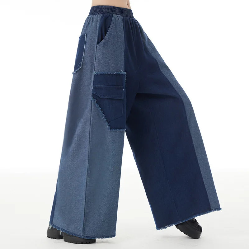 WezelBezel Wide-Leg Contrast Stitch Jeans – Casual Autumn and Winter Style