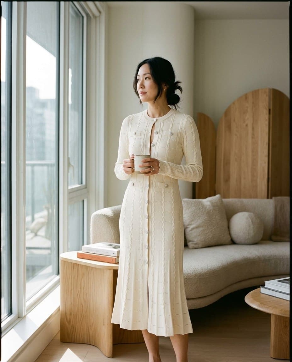 A woman styling a WezelBezel knit in a contemporary home