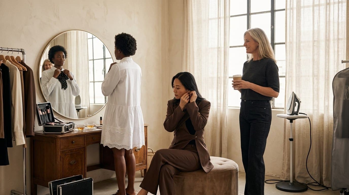 Three women sharing a candid moment in a WezelBezel studio campaign