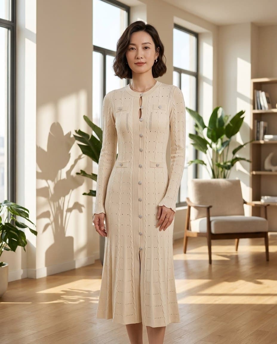 Beige Knitted Midi Dress, shown in WezelBezel studio imagery
