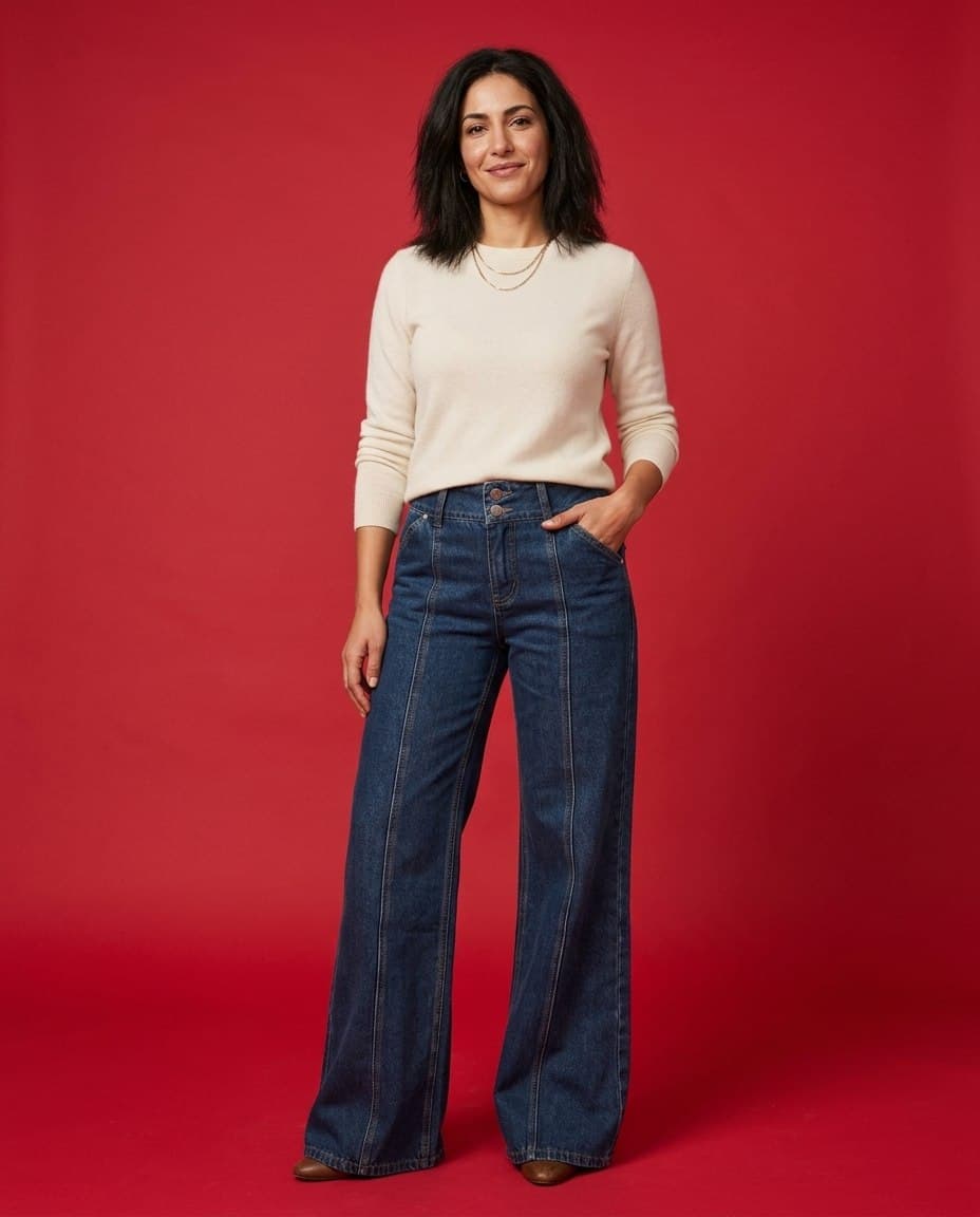 Wide Leg Flared Denim, shown in WezelBezel studio imagery