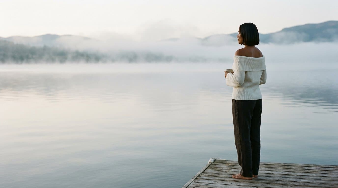 A woman in a cream off-shoulder knit standing on a dock above a misty lake at dawn