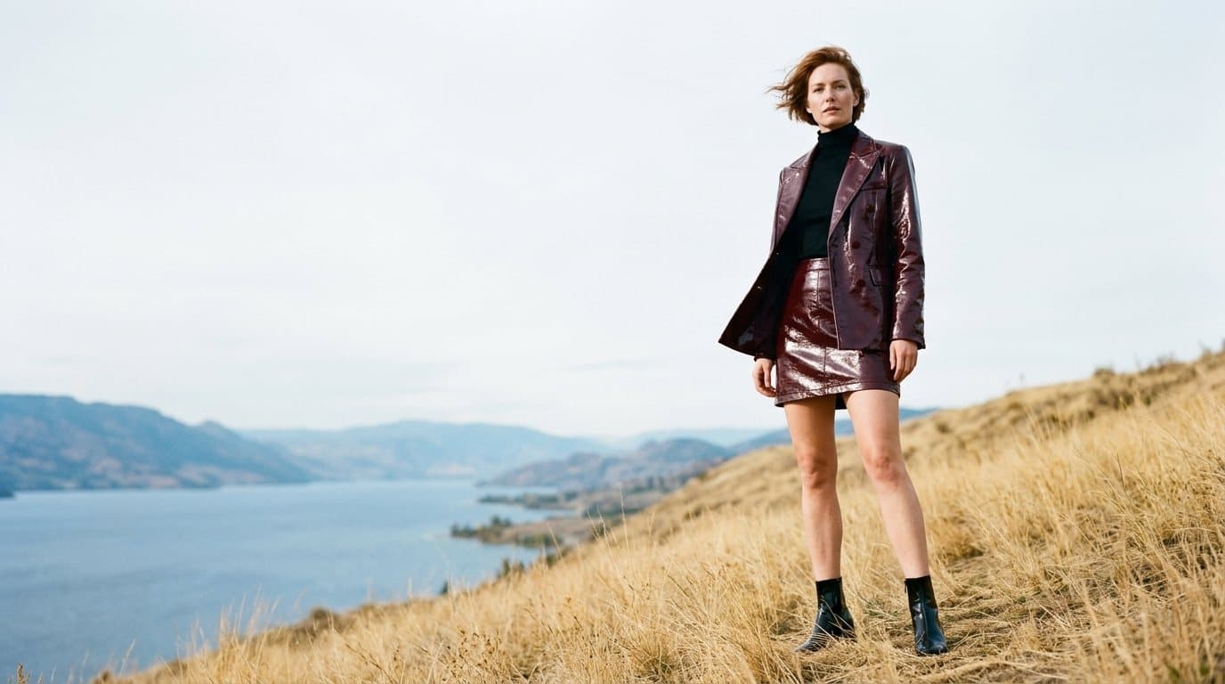 A woman in a burgundy leather jacket and metallic skirt standing on a hillside above a lake