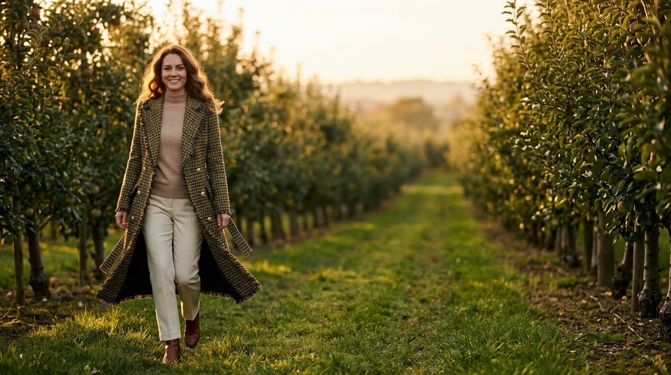A woman in a cream coat walking an autumn orchard at first light