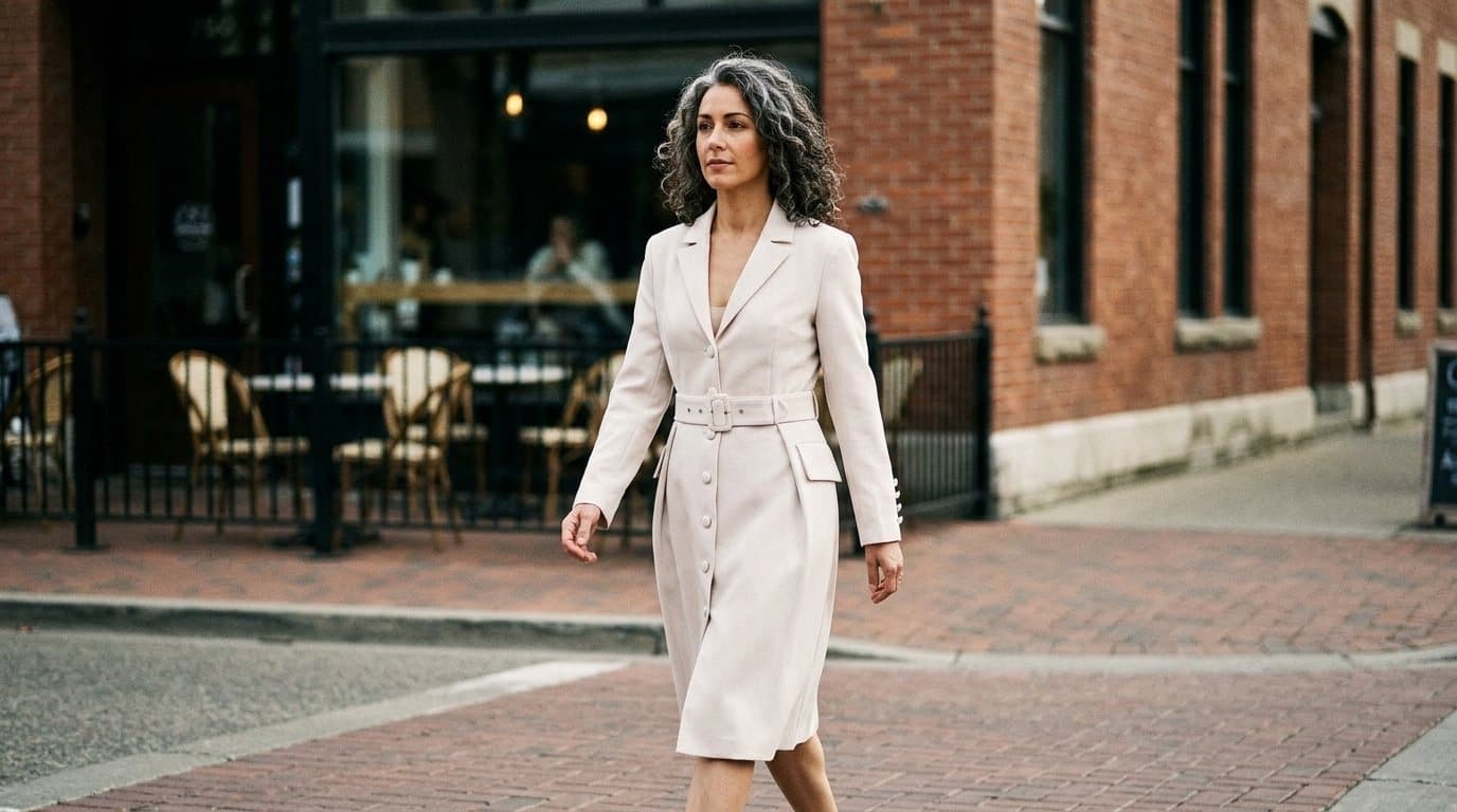 A woman in a tailored shirt and long skirt walking a sunlit Okanagan street in October
