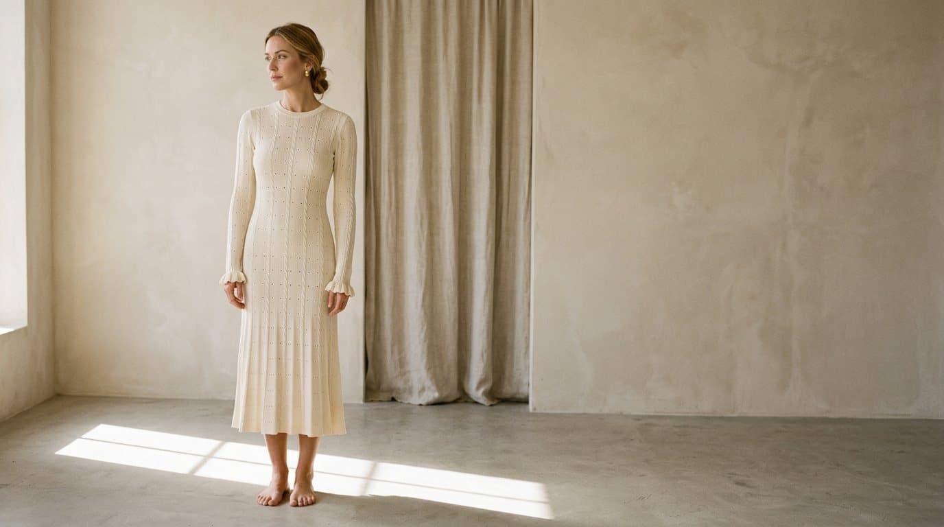 A woman in a cream knit dress photographed in a plaster-walled studio in warm light