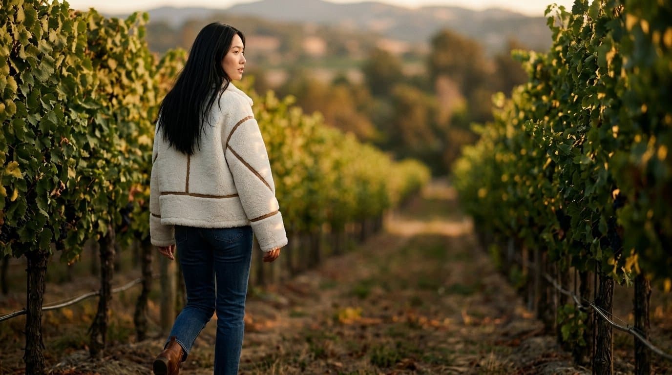 A woman in a cream shearling-trim jacket walking between vineyard rows