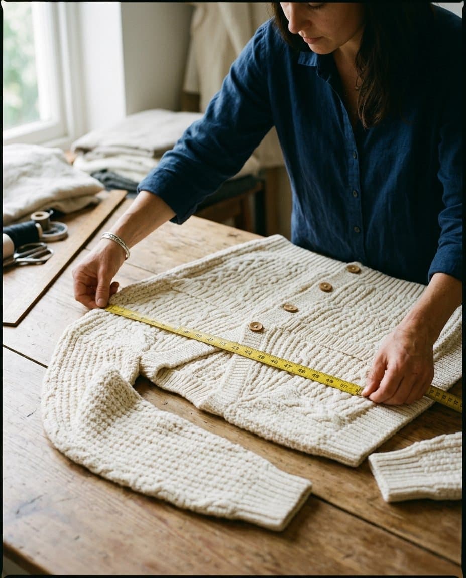 A soft tape measure crossing the chest of a cardigan laid flat on a wooden table