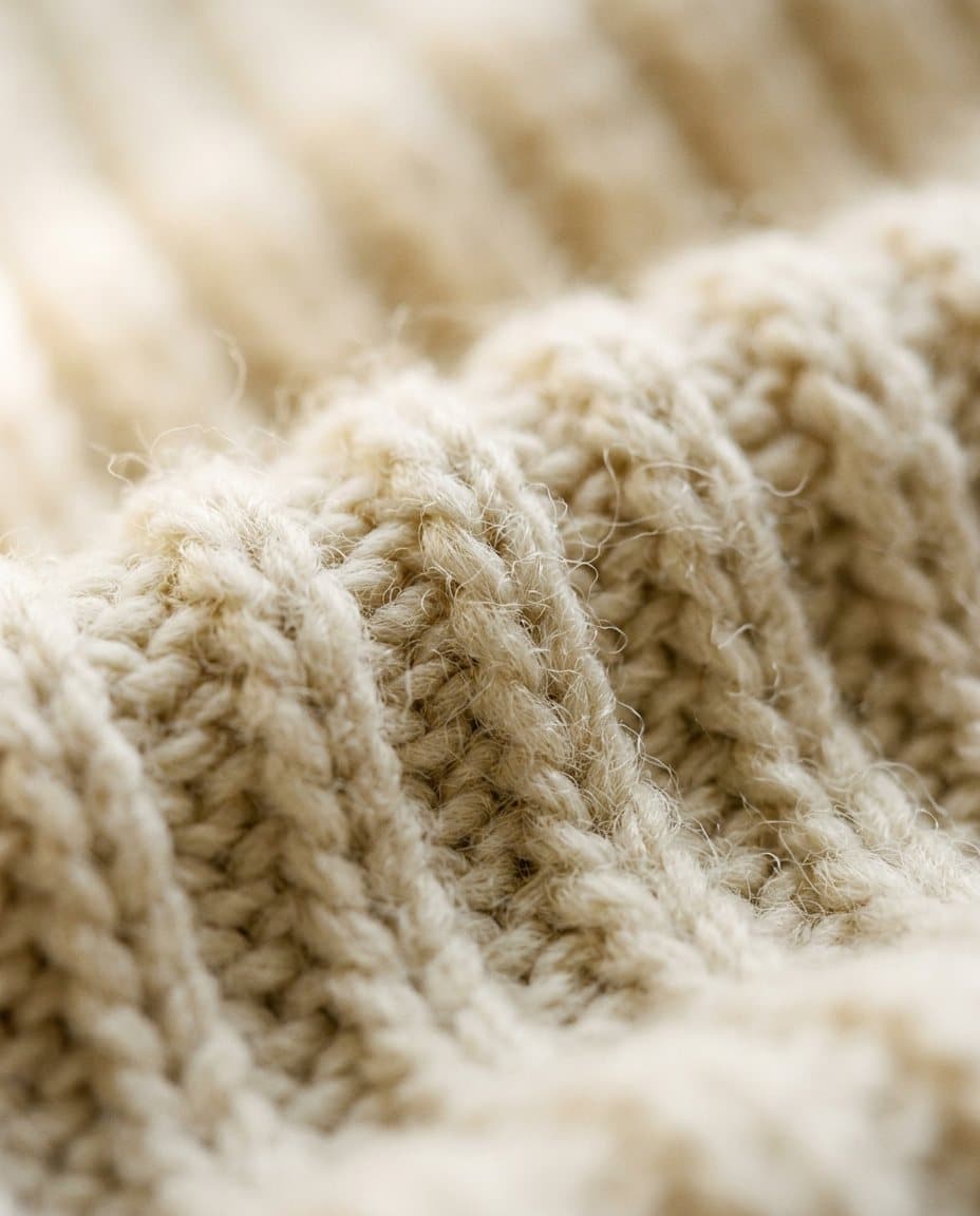Close-up of a soft knit, stitches large under warm light
