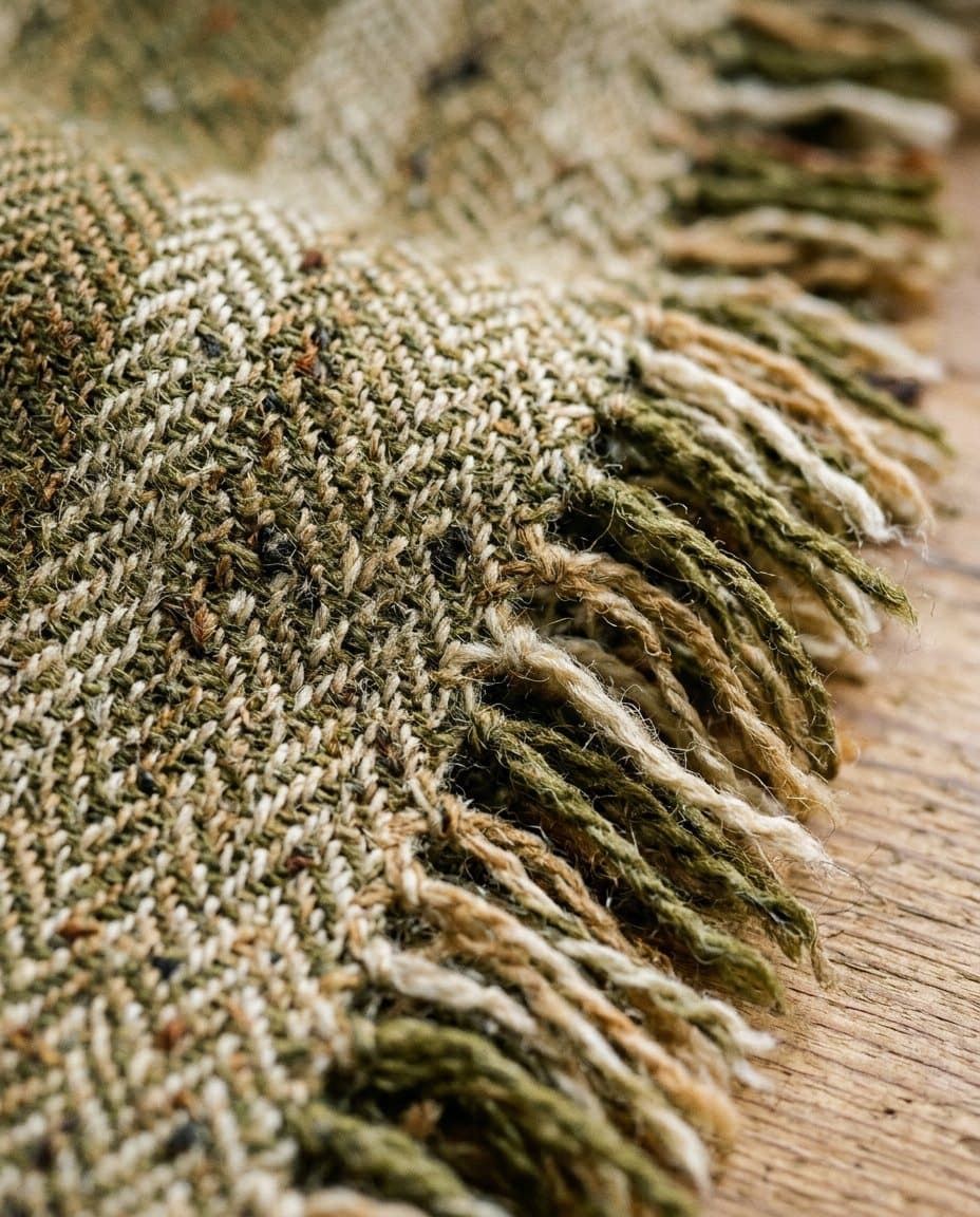 Close-up of a woven tweed, threads crossing in warm light