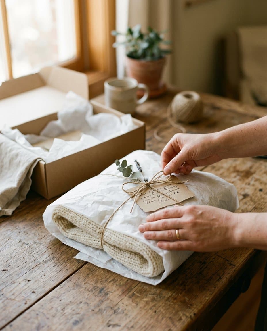 A cream knit being folded into a paper-wrapped parcel on a wooden table