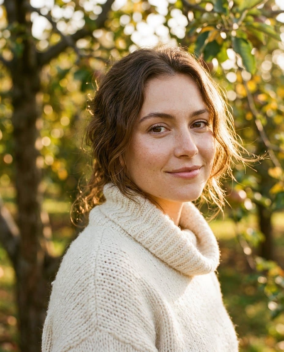 A woman in a cream roll-neck knit photographed in an Okanagan orchard at golden hour