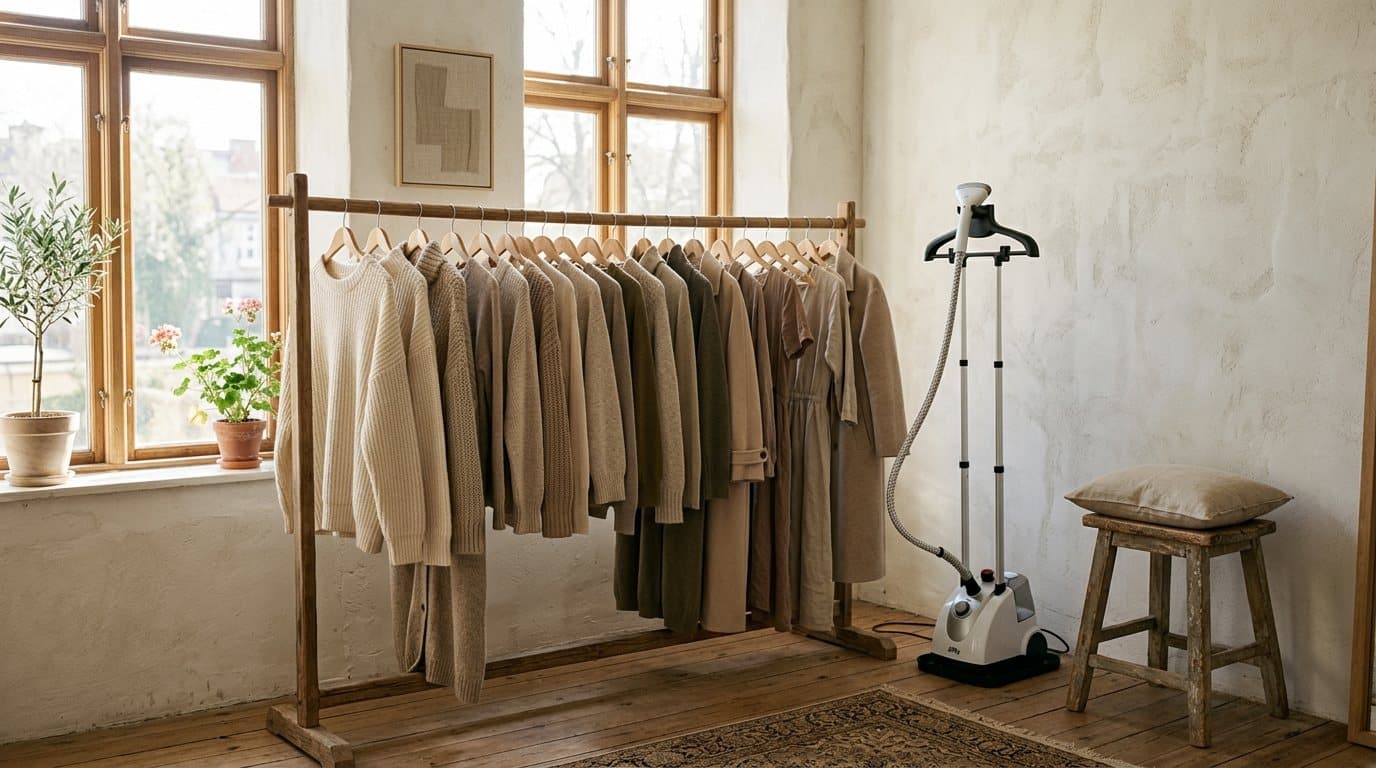 A wooden rail of neutral knits, shirting and coats in a sunlit room
