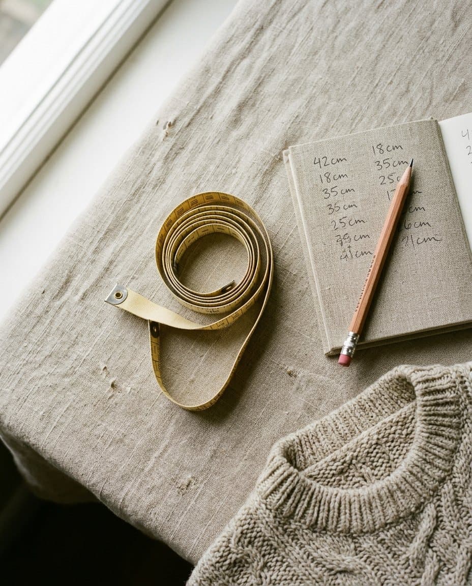 A yellow tape measure and a handwritten set of centimetres beside a folded knit
