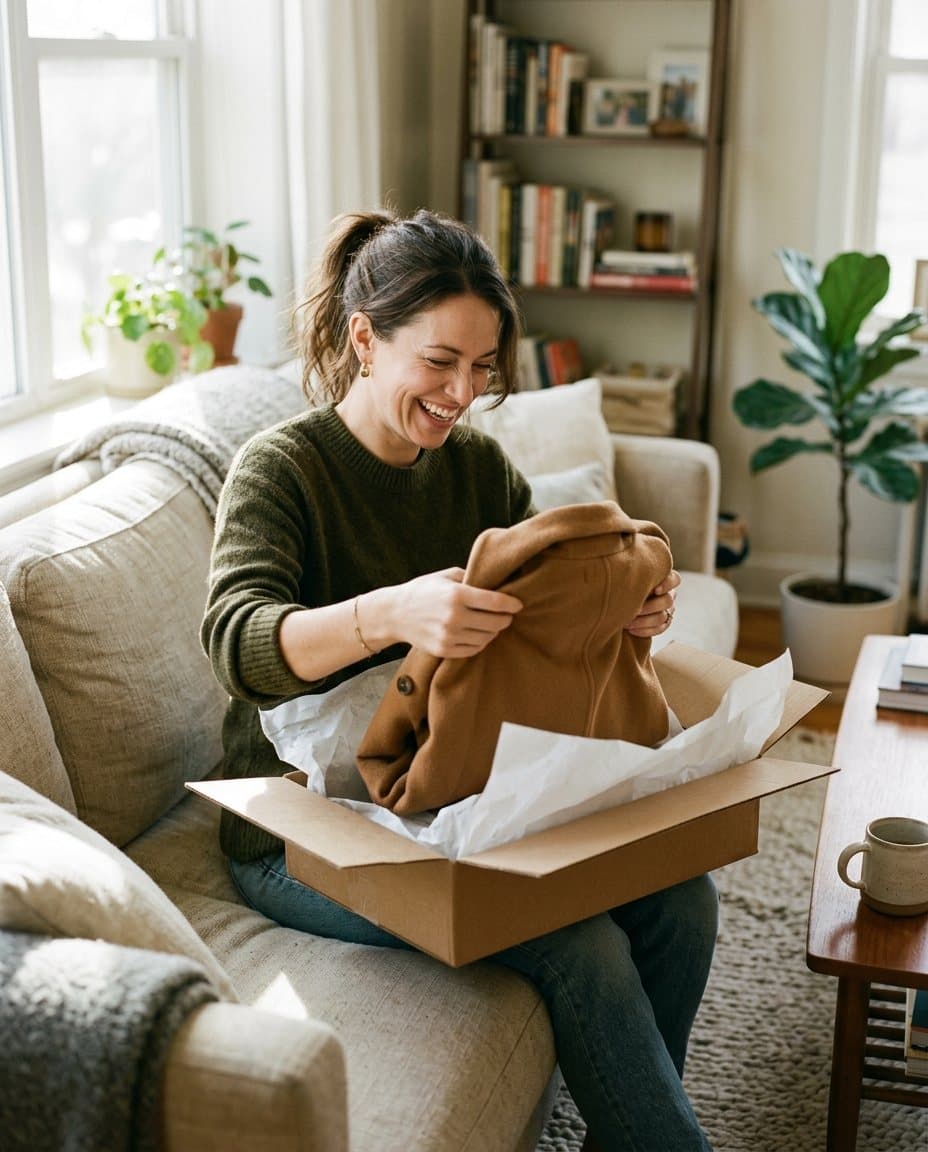 A woman smiling as she unpacks a knit from a box on her sofa