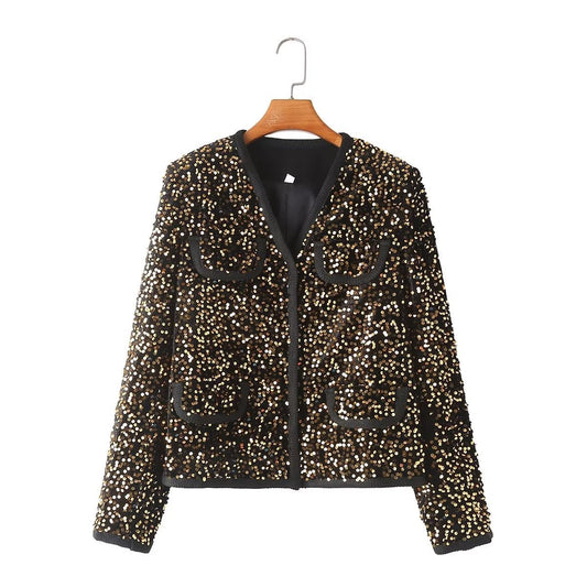 WezelBezel Sequin Single-Breasted Jacket – Round Neck Winter Style
