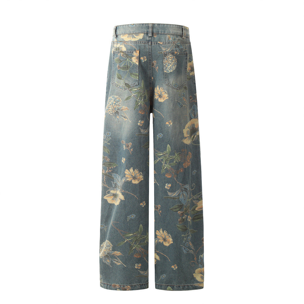 WezelBezel Floral Wide-Leg Denim Pants