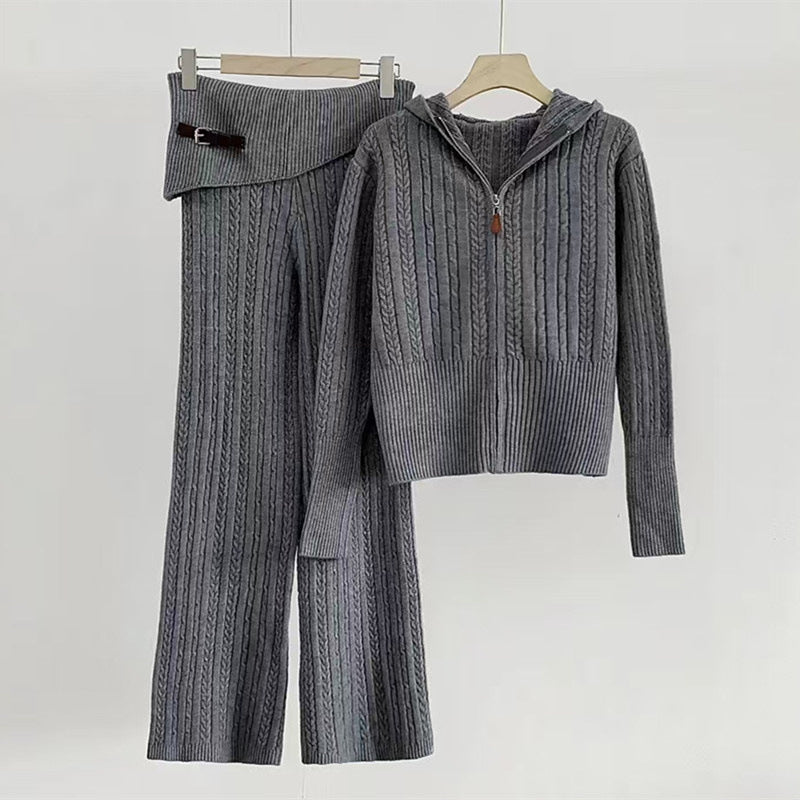 WezelBezel Zipper Cardigan Set - Casual Knit Pants