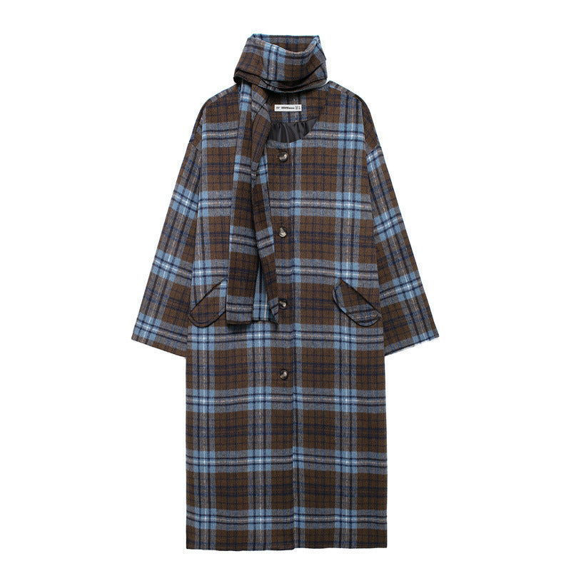WezelBezel Scarf Collar Coat - Plaid Long Style