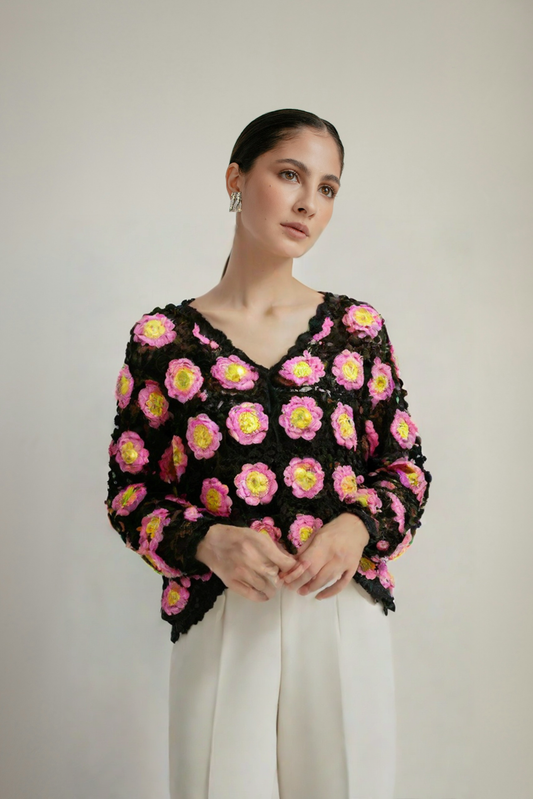 WezelBezel Rose Embroidered V-Neck Cardigan
