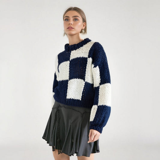 WezelBezel Plaid Splice Thick Knit Sweater – Handwoven Statement Design