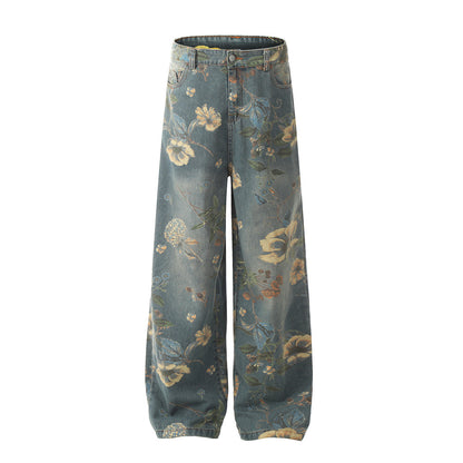 WezelBezel Floral Wide-Leg Denim Pants