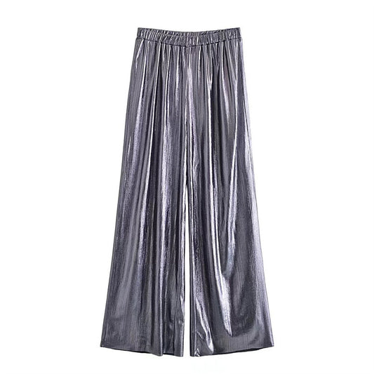 WezelBezel Silver Striped Wide-Leg Pants – Elastic Waist and Casual Fit