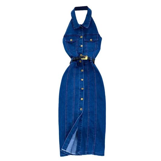 WezelBezel Sleeveless Denim Dress – Backless, Slim-Fit, and Mid-Length