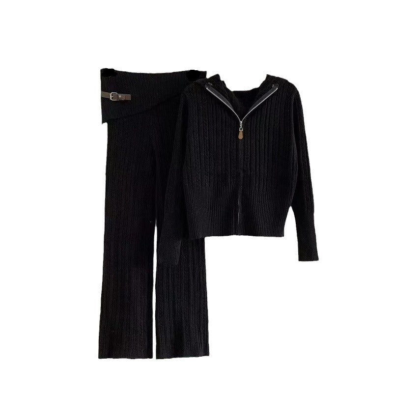 WezelBezel Zipper Cardigan Set - Casual Knit Pants