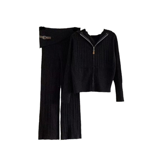 WezelBezel Zipper Cardigan Set - Casual Knit Pants
