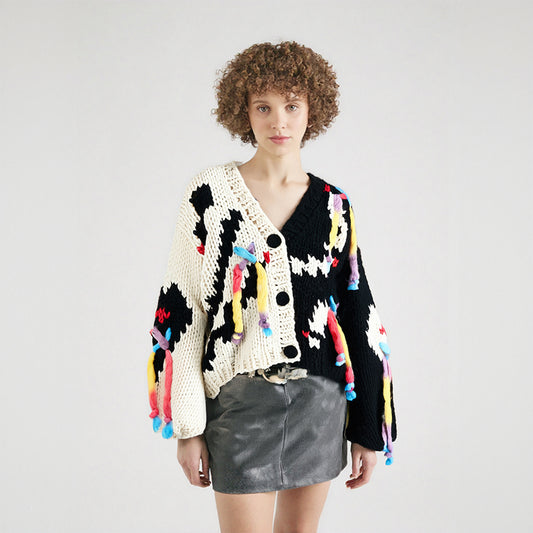 WezelBezel Flower Tassel Knit Cardigan – V-Neck Thickened Sweater