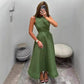 WezelBezel Sleeveless A-Line Green Dress – High-Waist Casual Elegance
