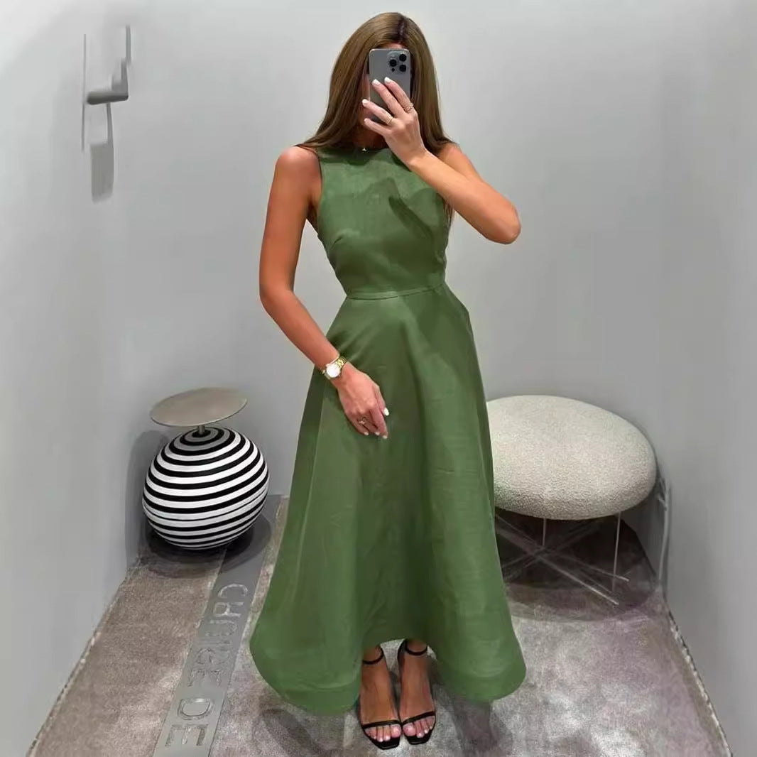 WezelBezel Sleeveless A-Line Green Dress – High-Waist Casual Elegance