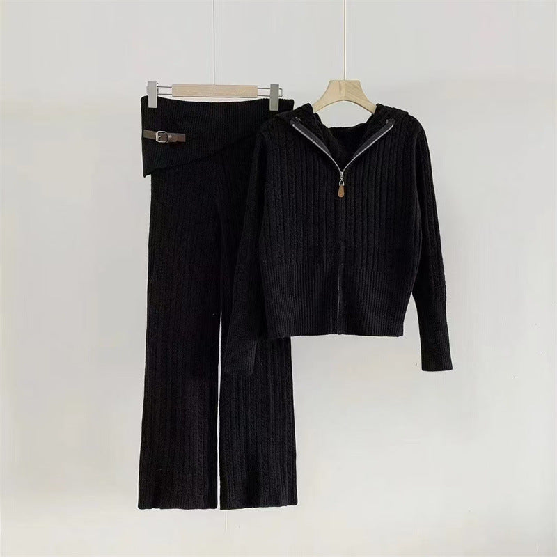 WezelBezel Zipper Cardigan Set - Casual Knit Pants