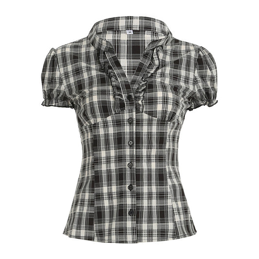 WezelBezel Checkered Puff Sleeve Shirt